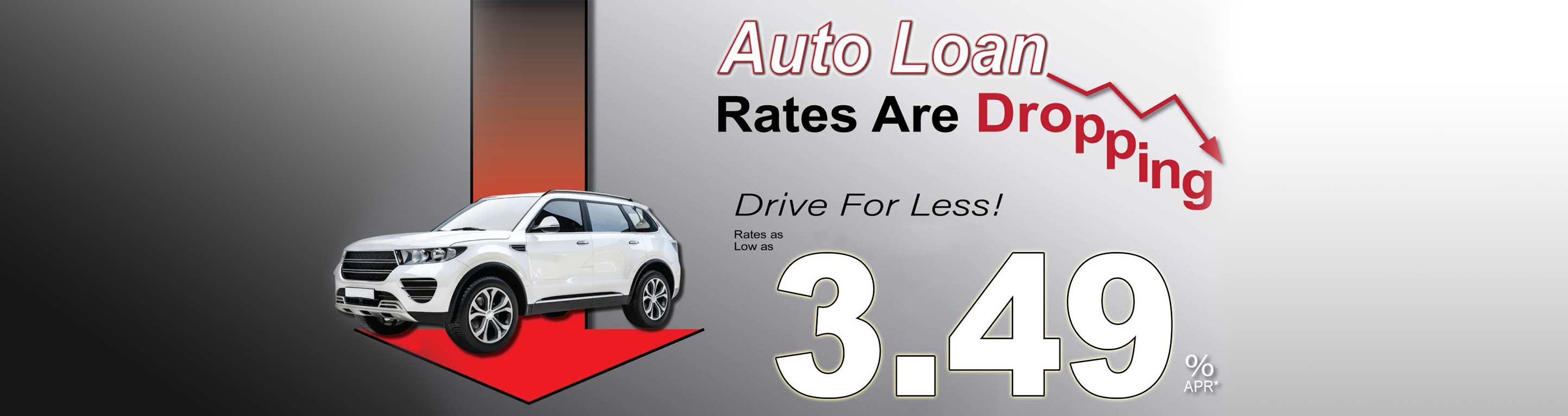 Auto loan rates are dropping. Drive for less! Rates as low as 3.49% apr.